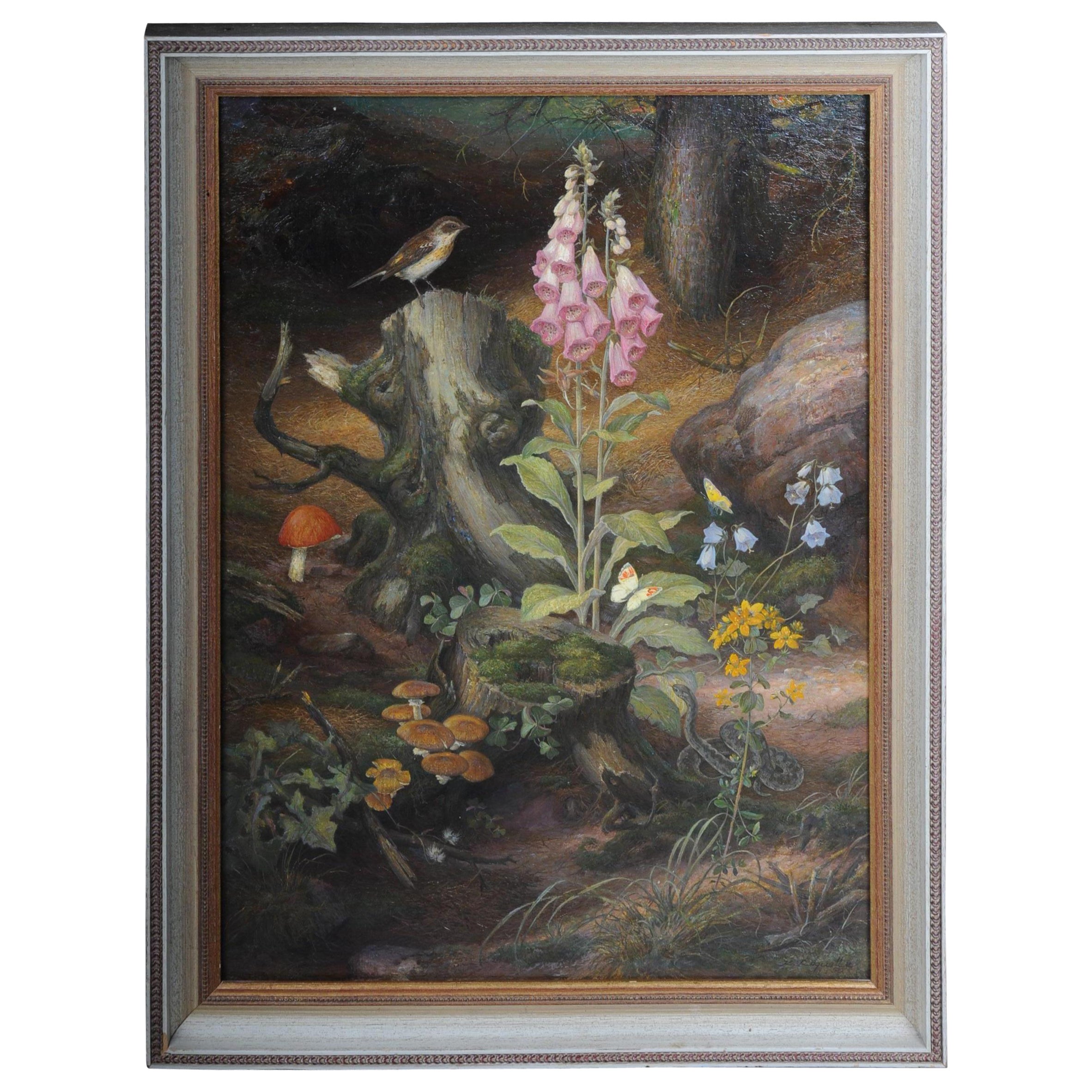 Bellissimo dipinto a olio con cerbiatto, firmato K. ROQUETTE XX secolo