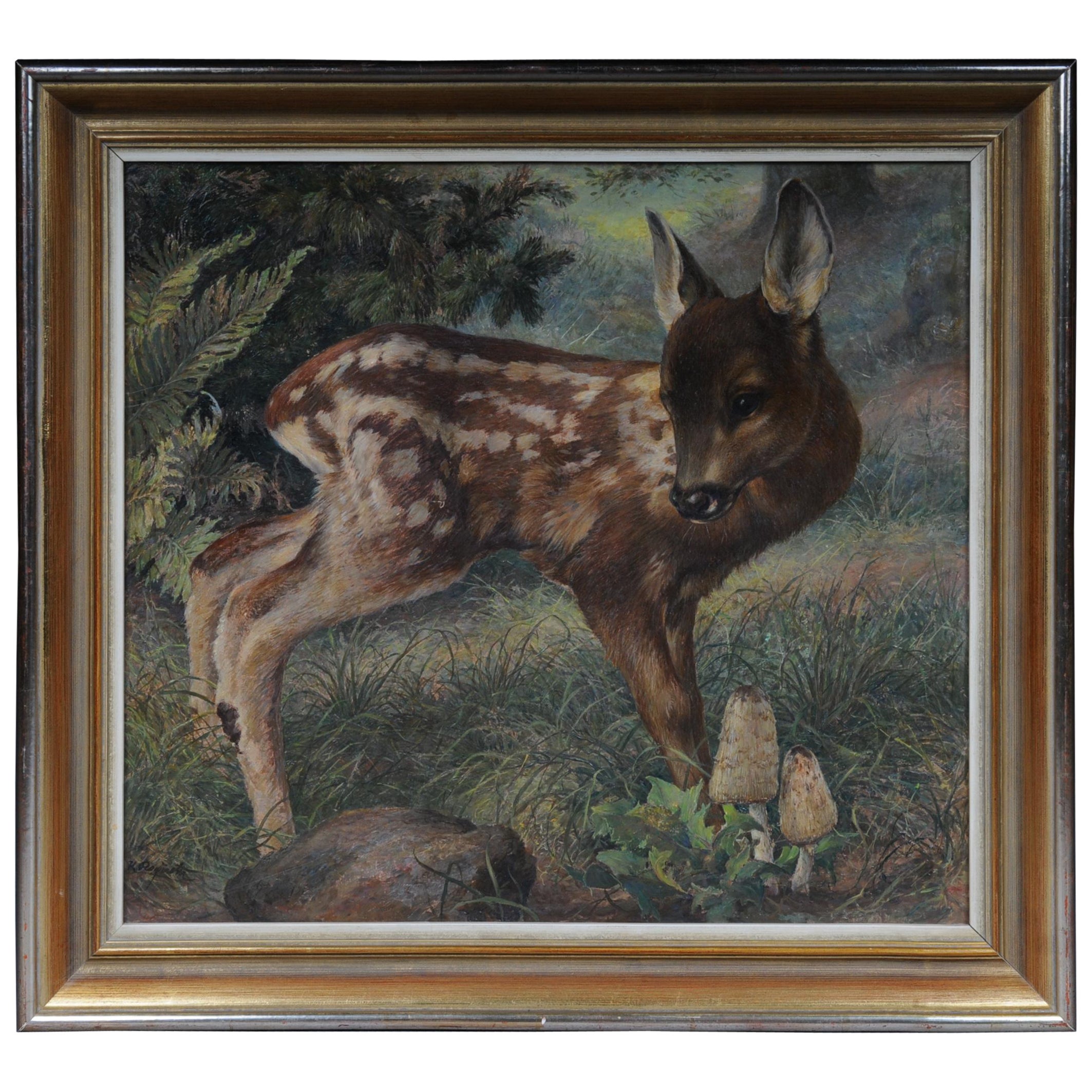 Beautiful Oil Painting Fawn, Signed K. Roquette 20th Century
