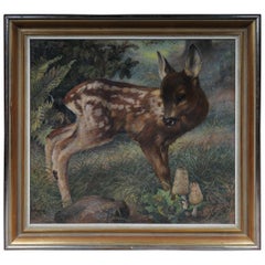 Beautiful Oil Painting Fawn, Signed K. Roquette 20th Century