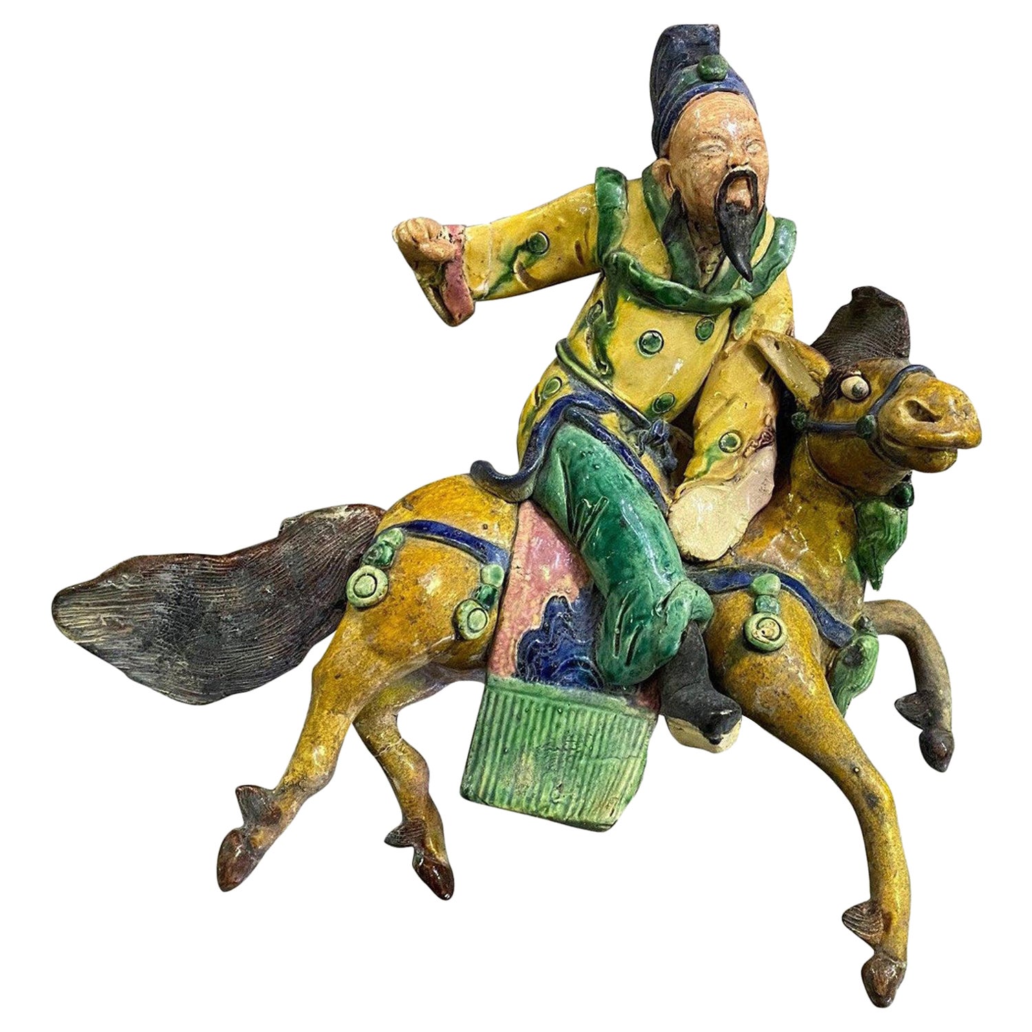 Chinese Glazed Ceramic Pottery Guardian Ancestor Roof Tile Qing Figure on Horse For Sale