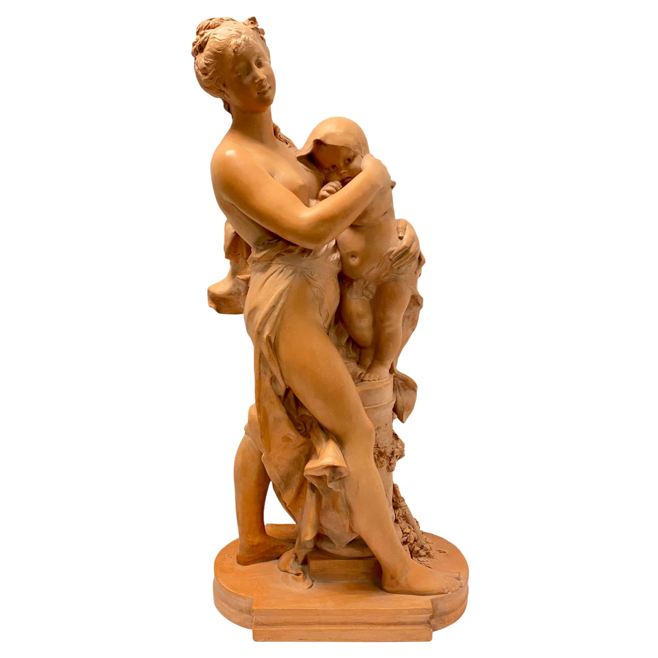 Mother and Child Terracotta Sculpture Signed Rougelet For Sale
