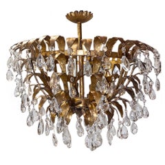 Vintage Gilt Metal and Crystal Semi Flush Light Fixture