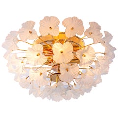 1 (of 2) Hibiscus Flush Mount Chandelier Turquoise Glass Flowers & Gilt Brass