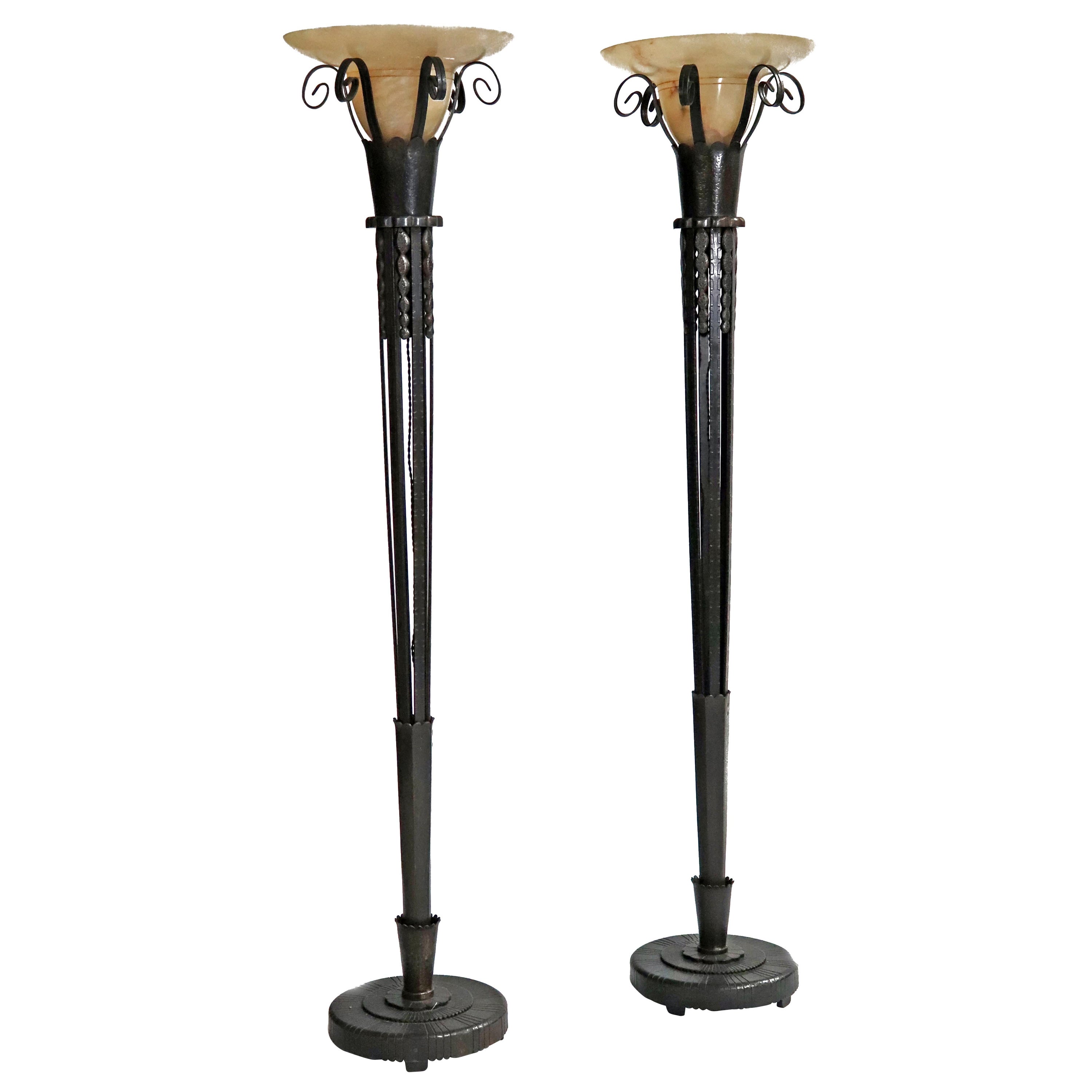 Art Deco Pair of Wrought Iron Standing Lamps