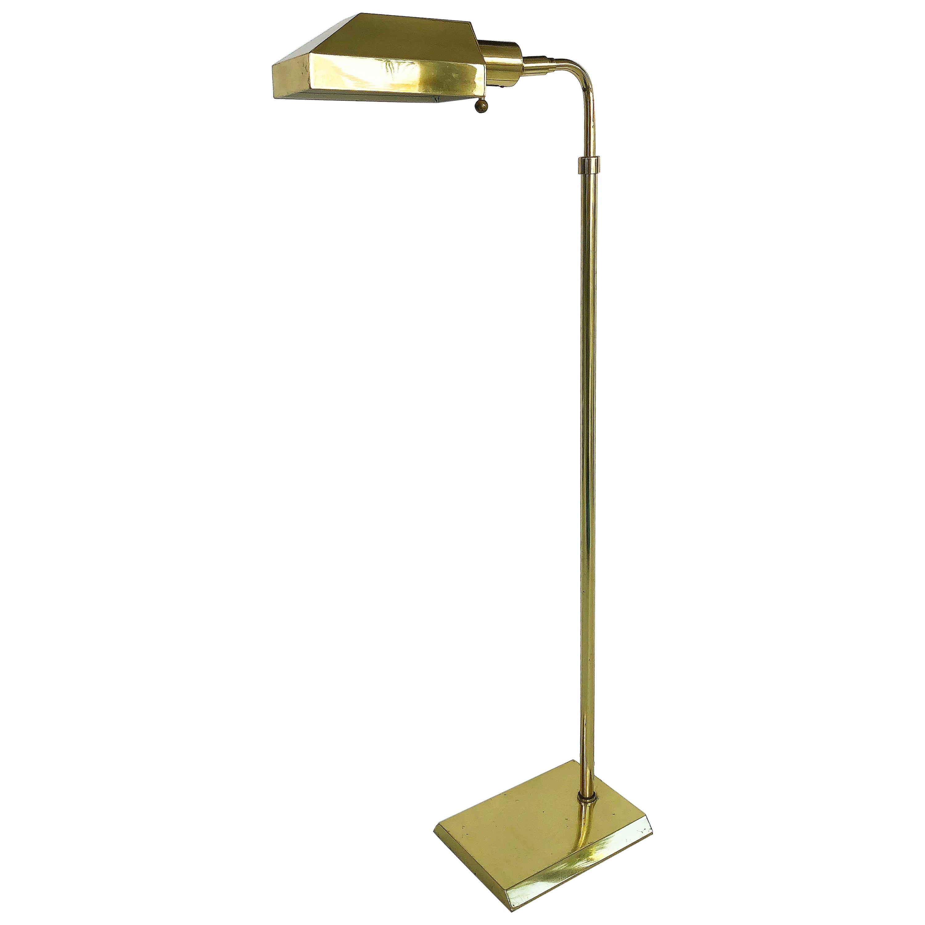 1980s Vintage Brass Plated Adjustable Height Floor Lamp, Pivoting Light For Sale