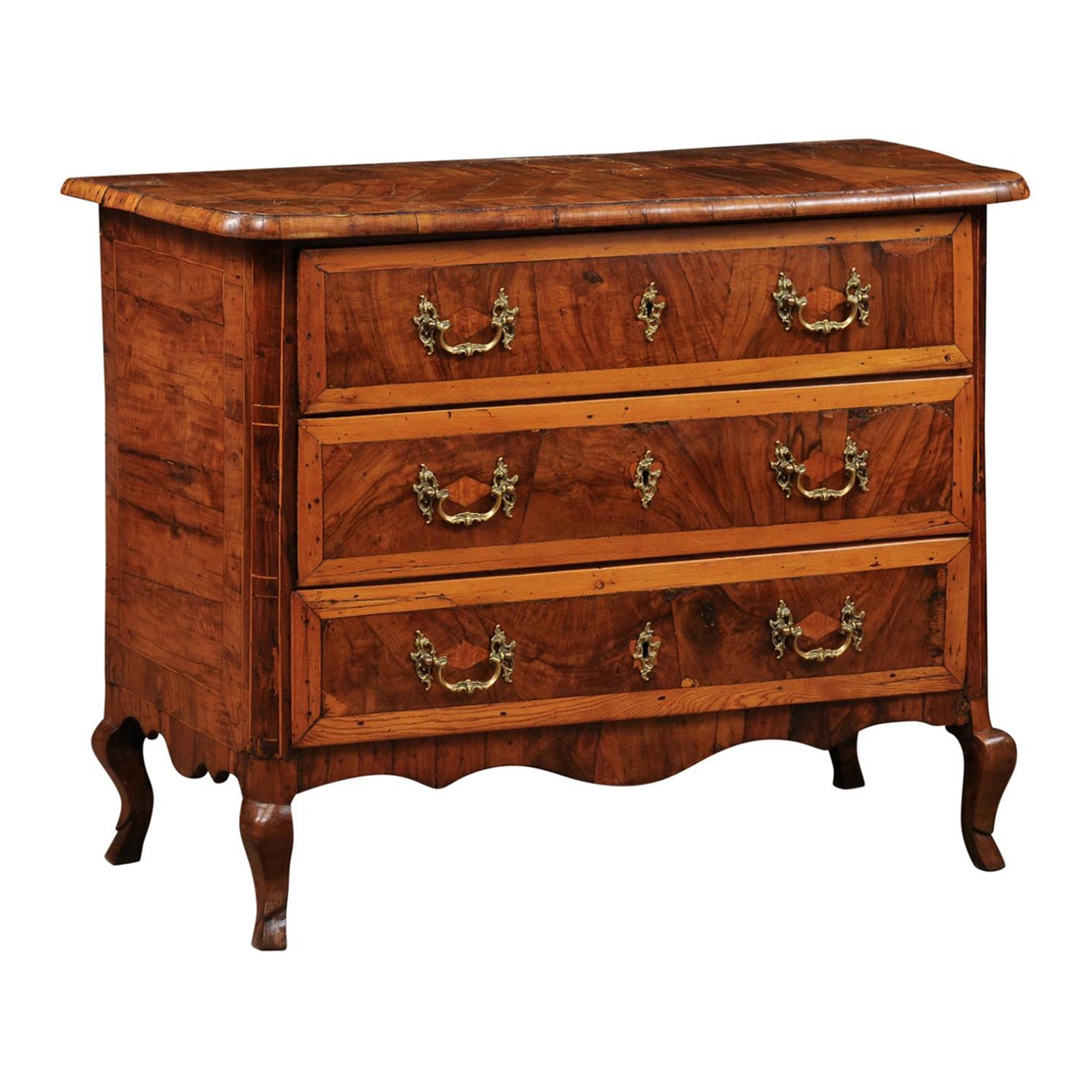 18th Century Italian 3-Drawer Commode in Olivewood with Cabriole Legs For Sale