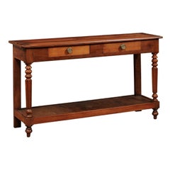 French Fruitwood Serving Table with 2 Drawers, Lower Plinth, & Turned Legs