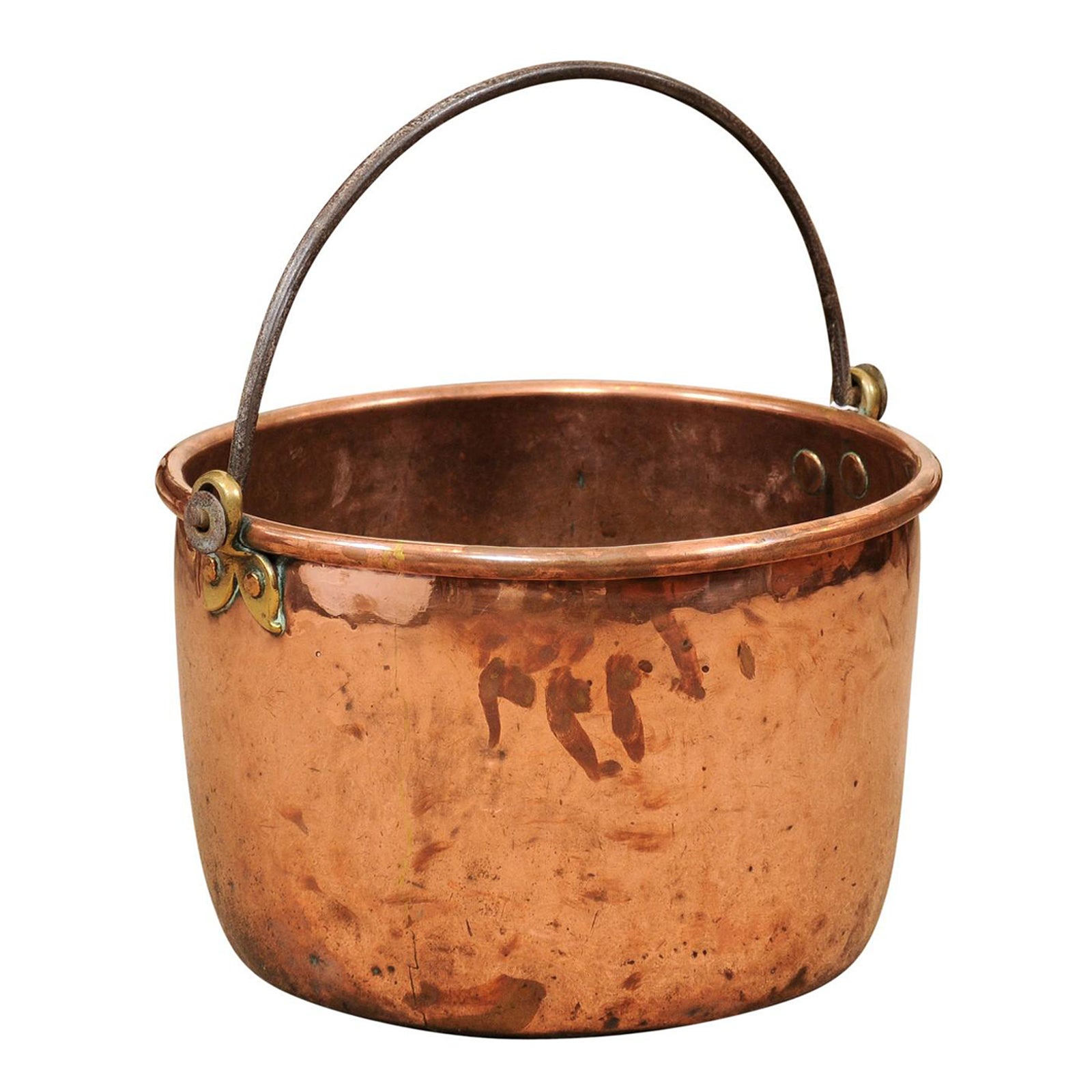  Grand pot en cuivre du 18ème siècle avec poignée en fer forgé