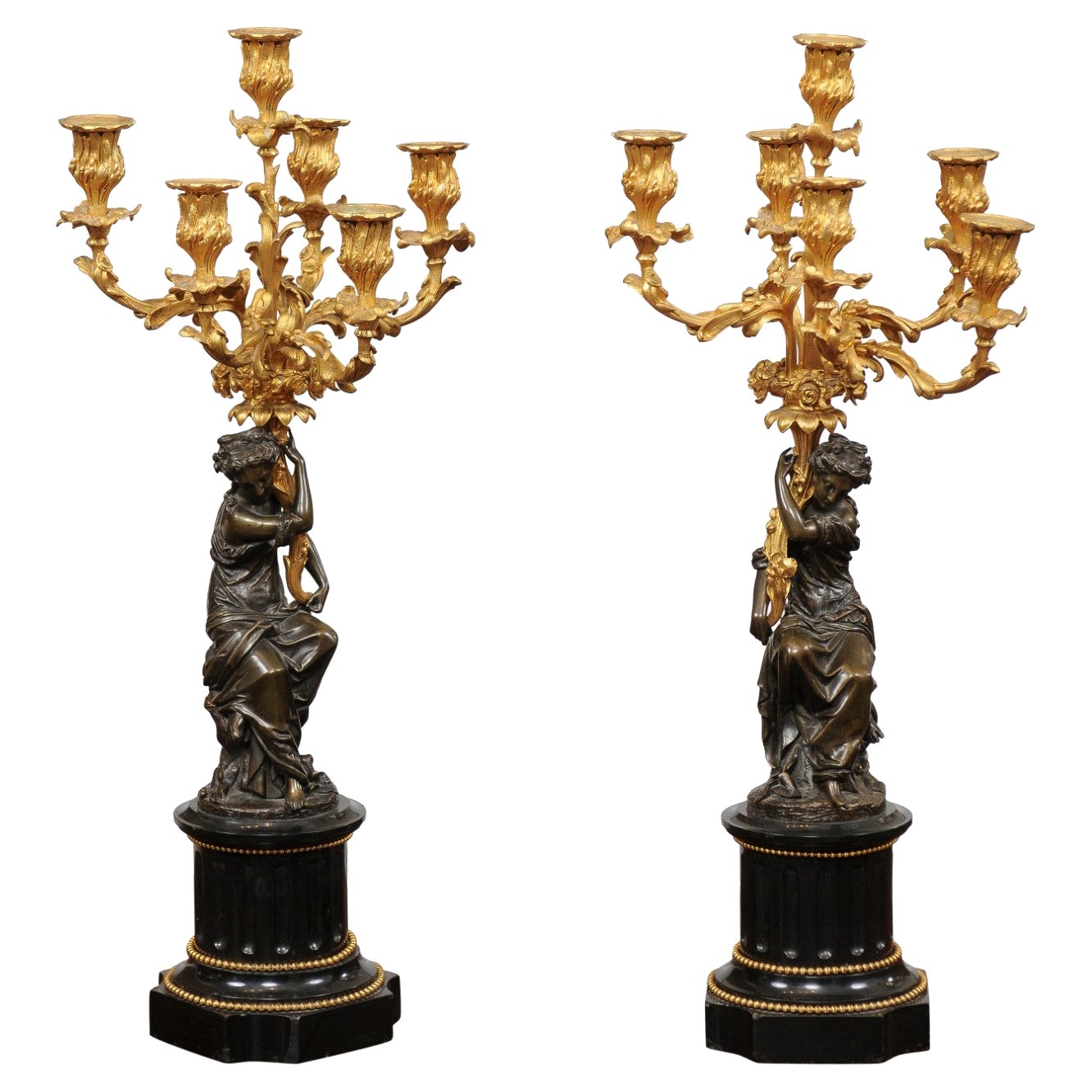 Pair of Patinated Bronze Figured Candelara with Ormolu Arms & Onyx Bases, 19th C For Sale