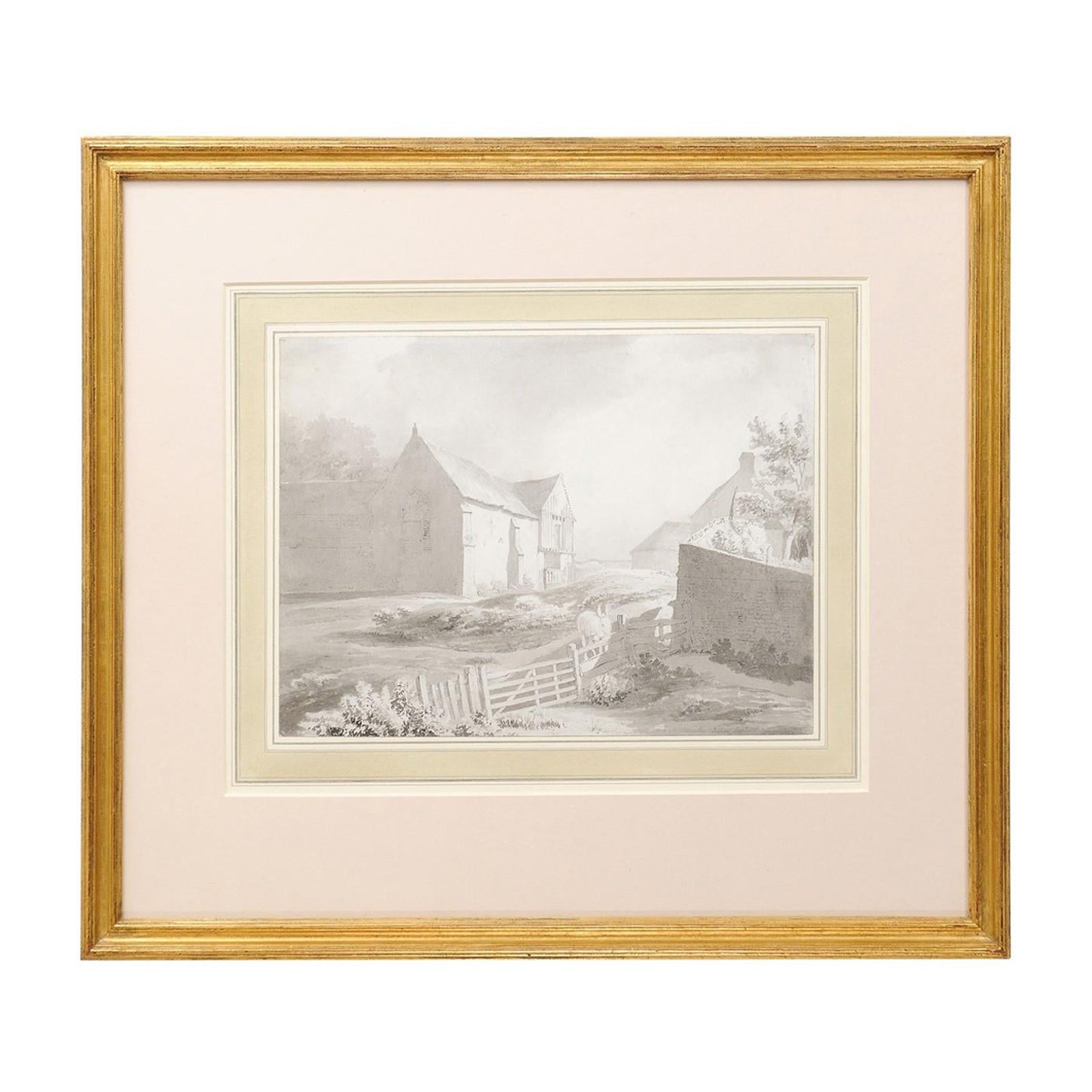 18th Century English Grisaille Ink & Watercolor Landscape Scene in Gilt Frame For Sale