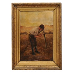 19th Century American Oil on Canvas Portrait of Man Honing a Scythe