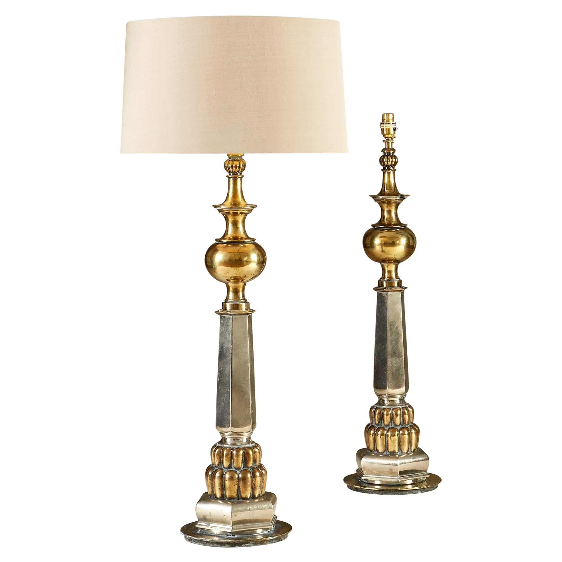 Tall Pair of Late 1950s American Brass and Chrome Table Lights For Sale