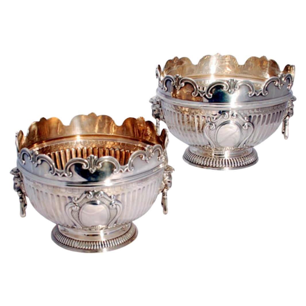 Pair of English Victorian Sterling Silver Monteith Centerpiece Bowls
