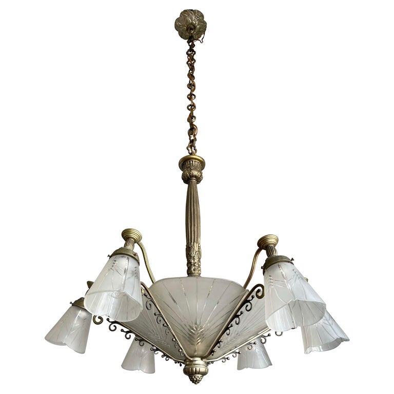 Stunning and Rare Antique French Art Deco Nine Light Bronze and Glass  Chandelier For Sale at 1stDibs | deconine, french art deco chandelier