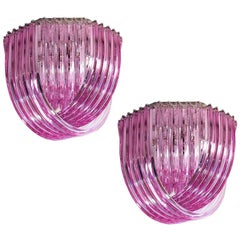Pair of Ceiling Light Chandelier, Pink Triedri, 20 Murano Glasses
