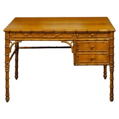 Antique English Midcentury Walnut Faux Bamboo Desk with Four Drawers and Warm Patina