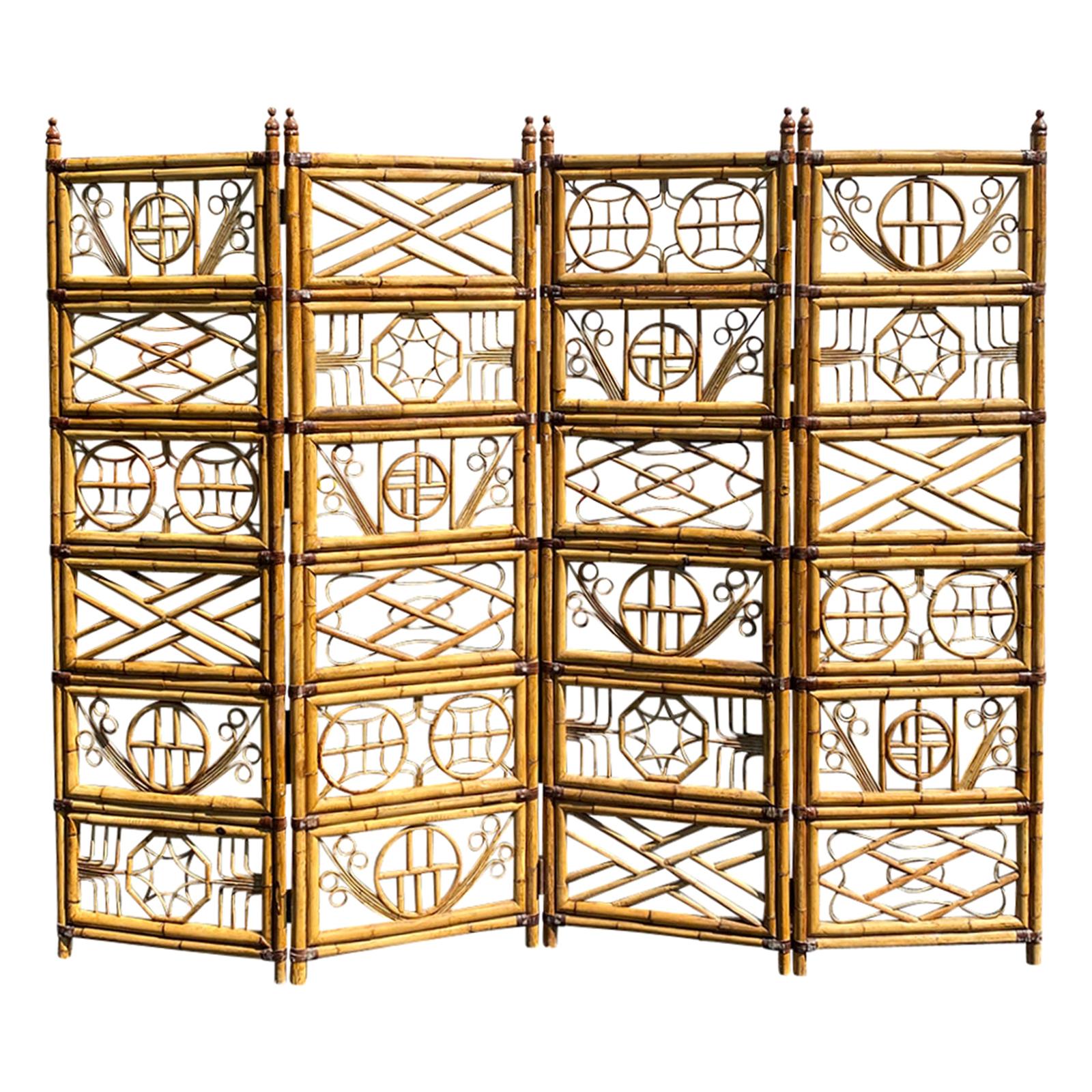 Circa 1960-1970s Asian Brighton Pavilion Style 4 Panel Bamboo Screen