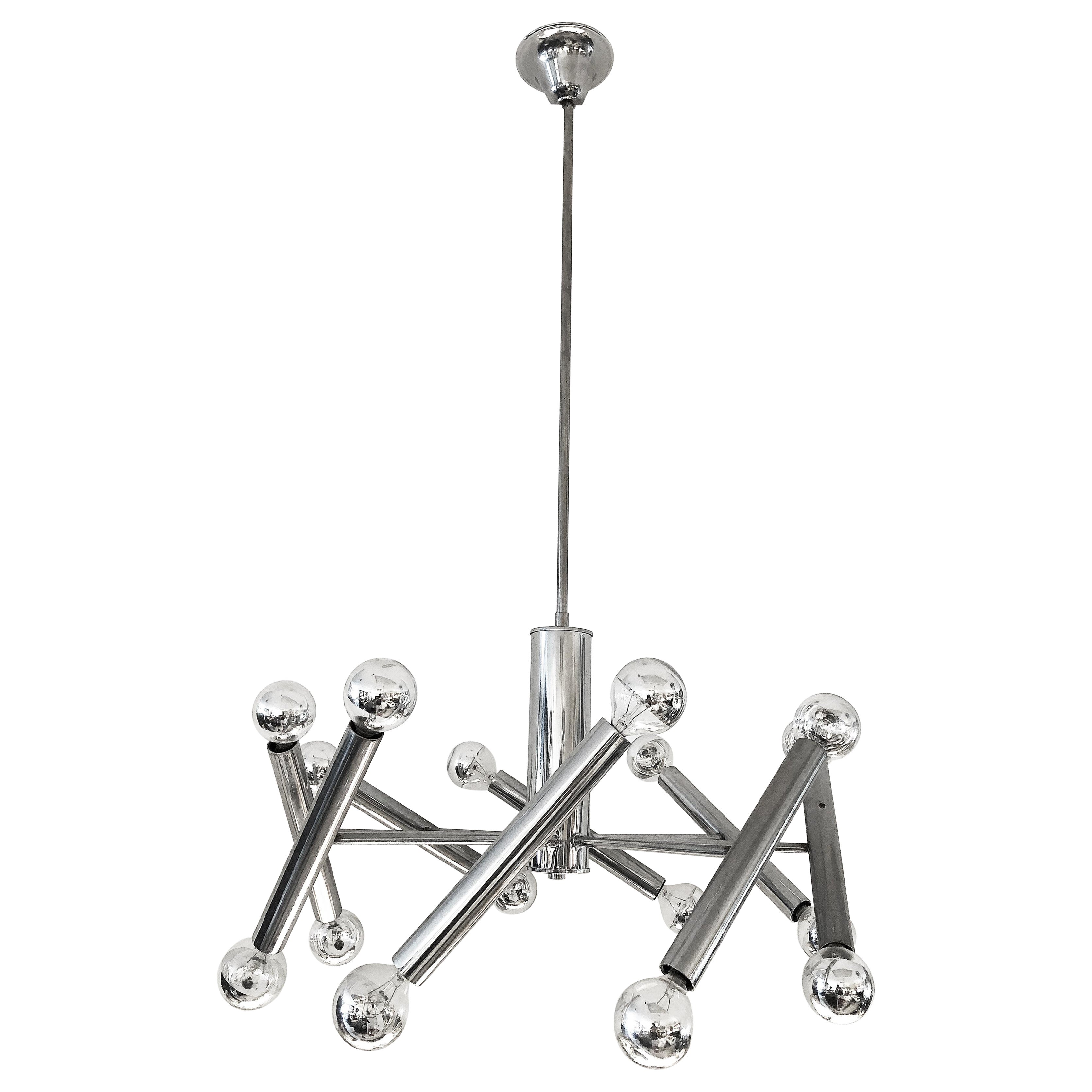 Mid-Century Modern Chrome Sputnik 16-Light Chandelier, Wired and Working For Sale
