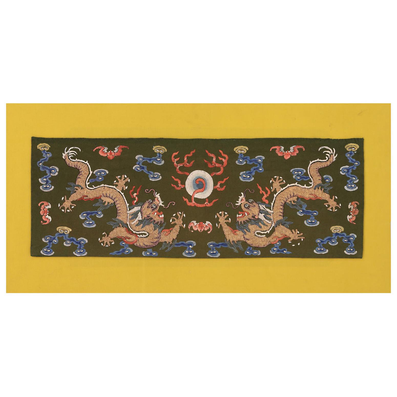 Pair of Five Clawed Dragon Design Silk & Metal Chinese Textile