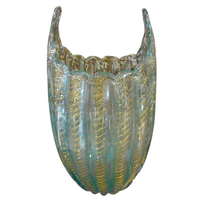 Jarrón de cristal de Murano turquesa y dorado atribuido a Barovier & Toso