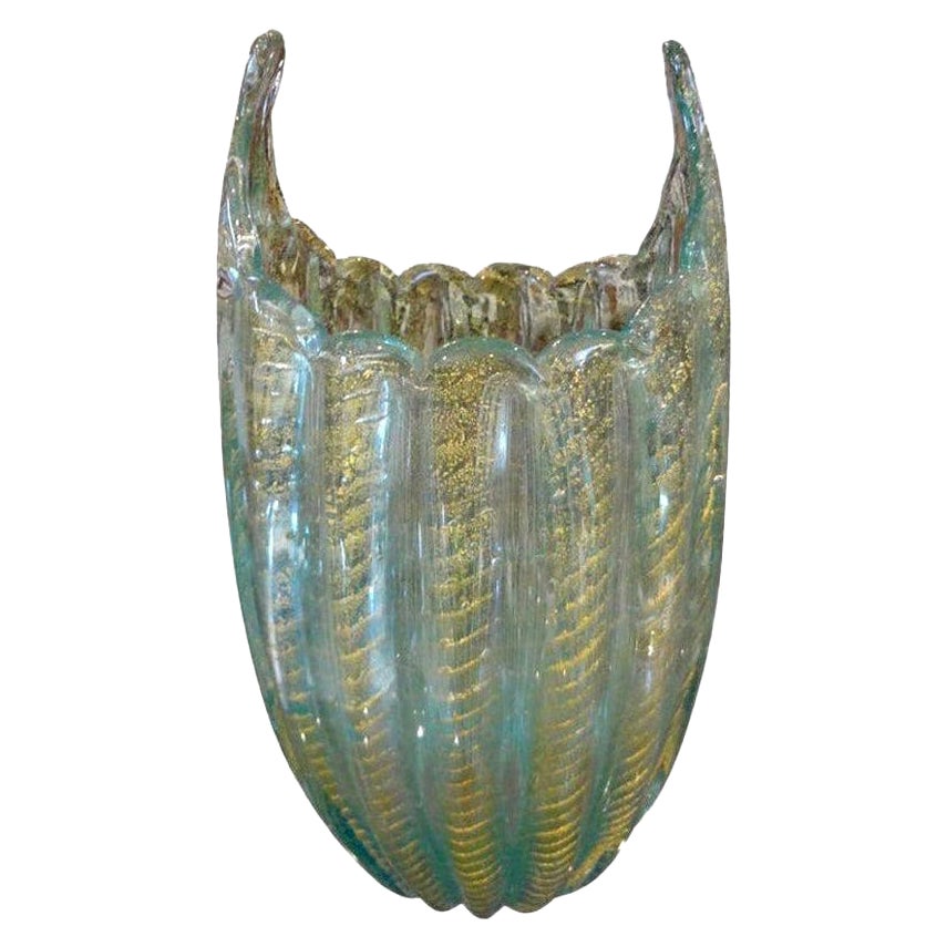 Jarrón de cristal de Murano turquesa y dorado atribuido a Barovier & Toso