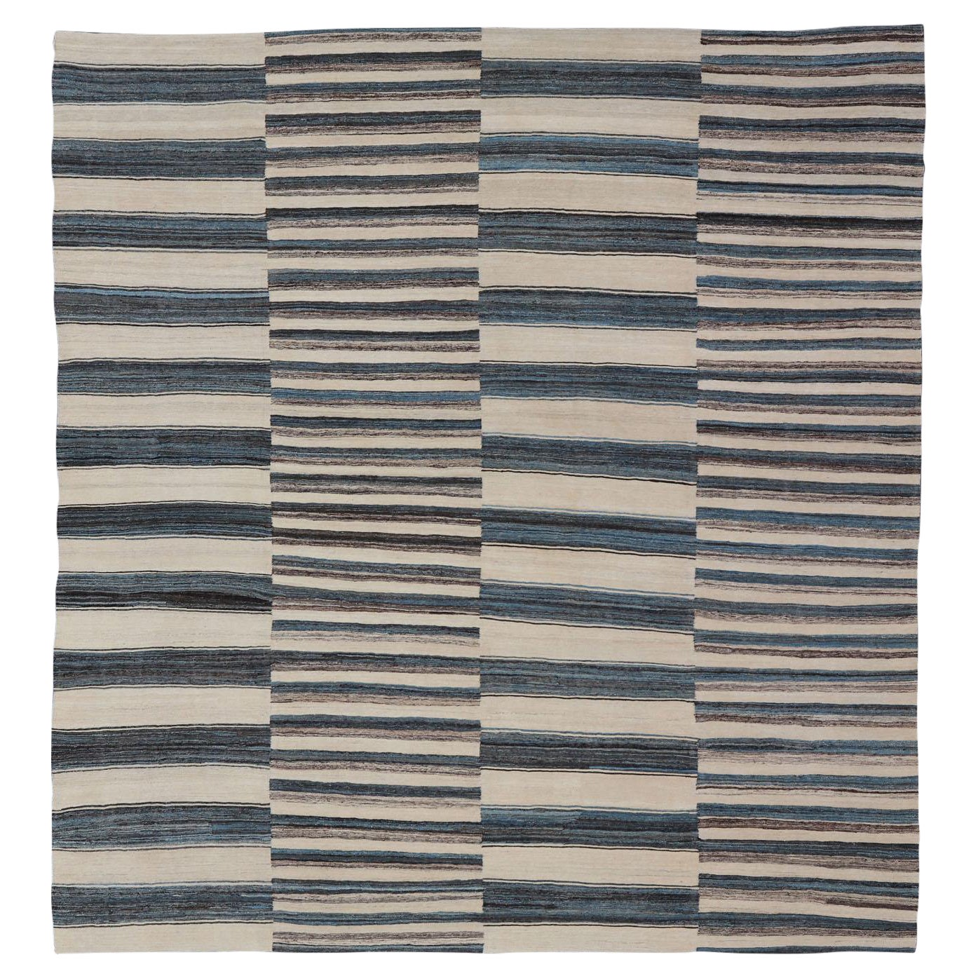Sqaure Flat-Weave Kilim Rug with Classic Stripe Design in Blue, Cream, Brown For Sale