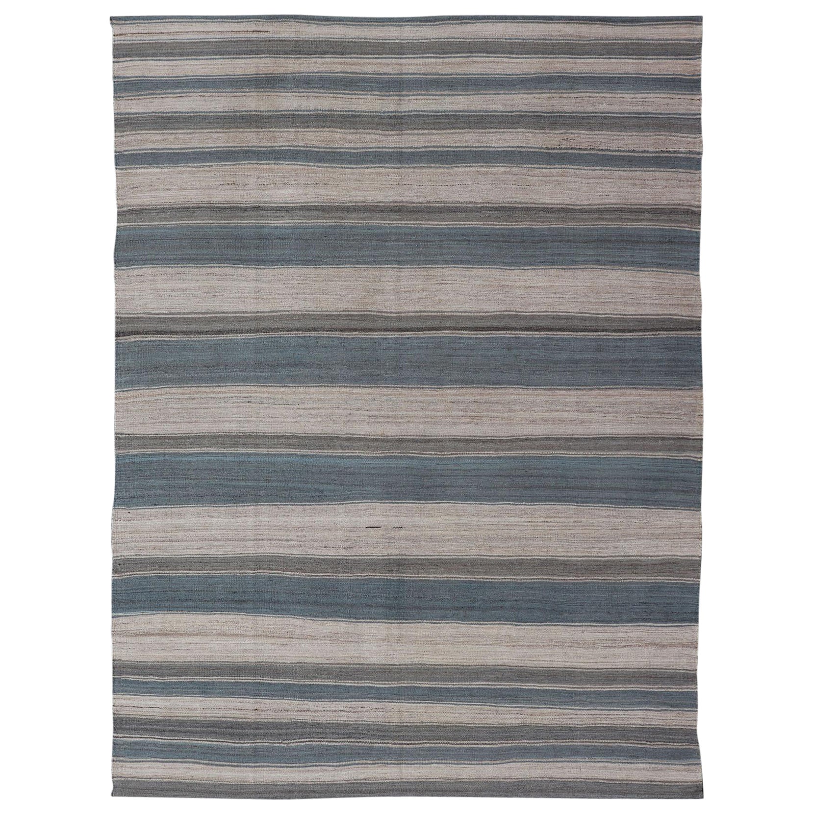Flat-Weave Modern Kilim Rug with Stripes in Shades of Blue, Charcoal and Ivory