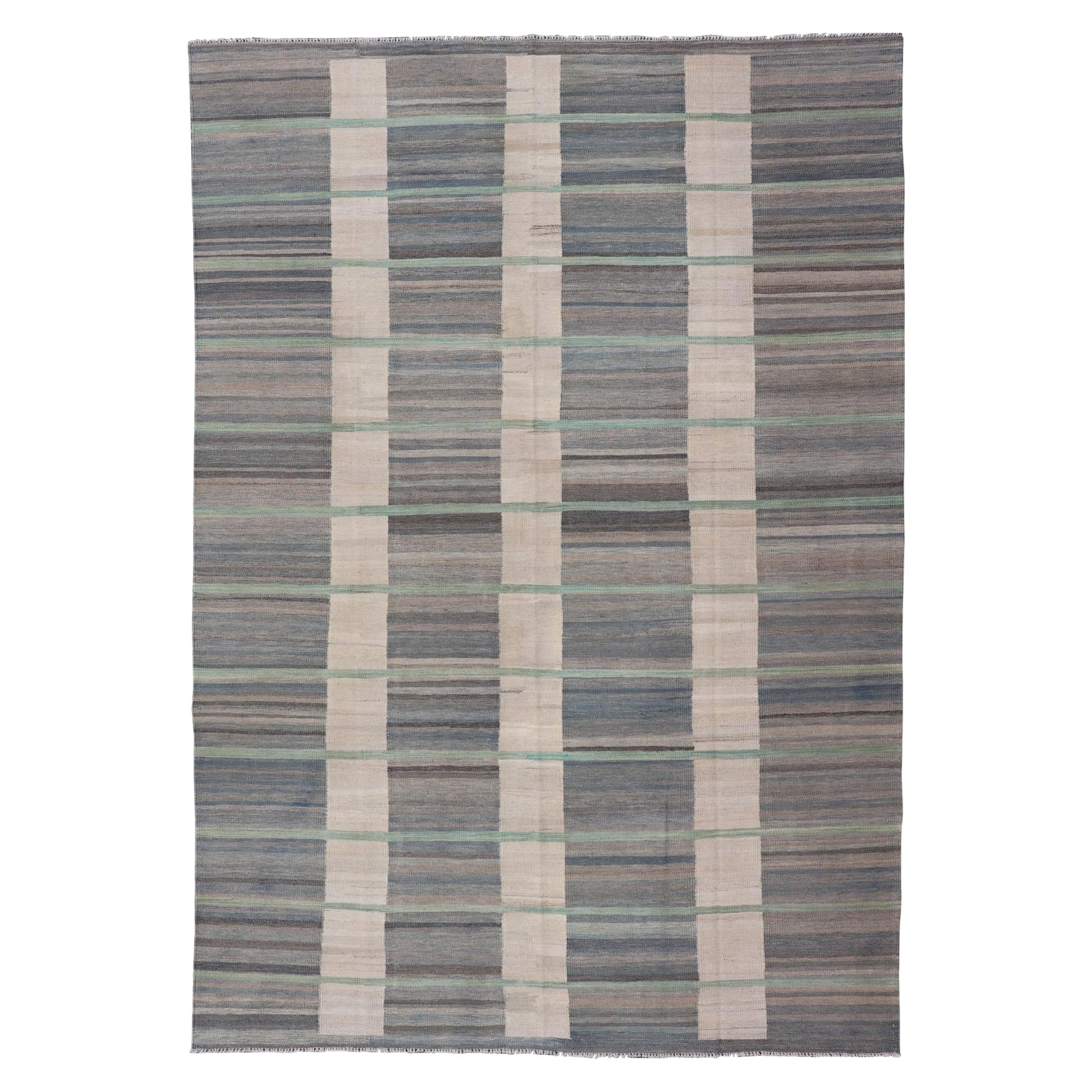  Moderner flachgewebter Kilim-Teppich in Grau-, Braun-, Creme-, Blau- und Grüntönen