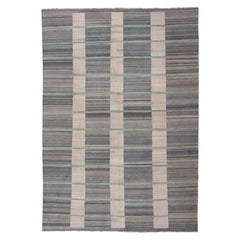 Flat-Weave Modern Kilim Rug with All-Over in Shades of Blue and Green