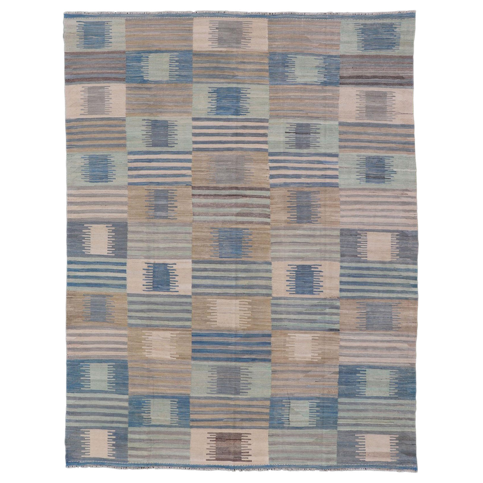 Flat-Weave Afghan Kilim Rug with Modern Design in Blues, Taupe, and Cream For Sale