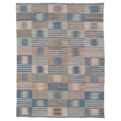 Flat-Weave Afghan Kilim Rug with Modern Design in Blues, Taupe, and Cream