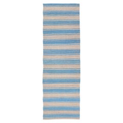Flat-Weave Modern Kilim Rug with Stripes in Shades of Blue and Gray