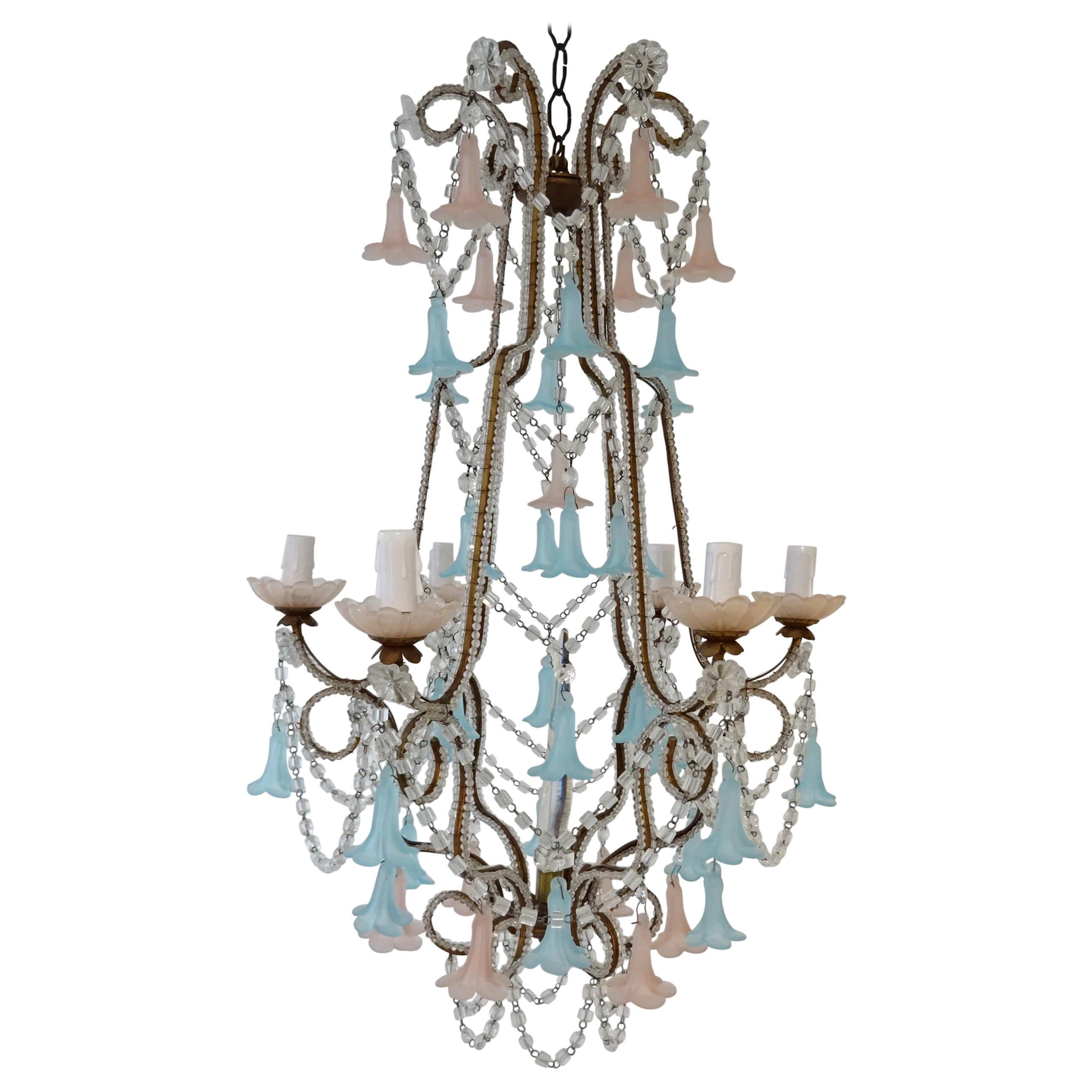 French Beaded Pink & Blue Bells Opaline Murano Chandelier with Spear, circa 1900 For Sale
