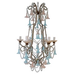 French Beaded Pink & Blue Bells Opaline Murano Chandelier with Spear, circa 1900