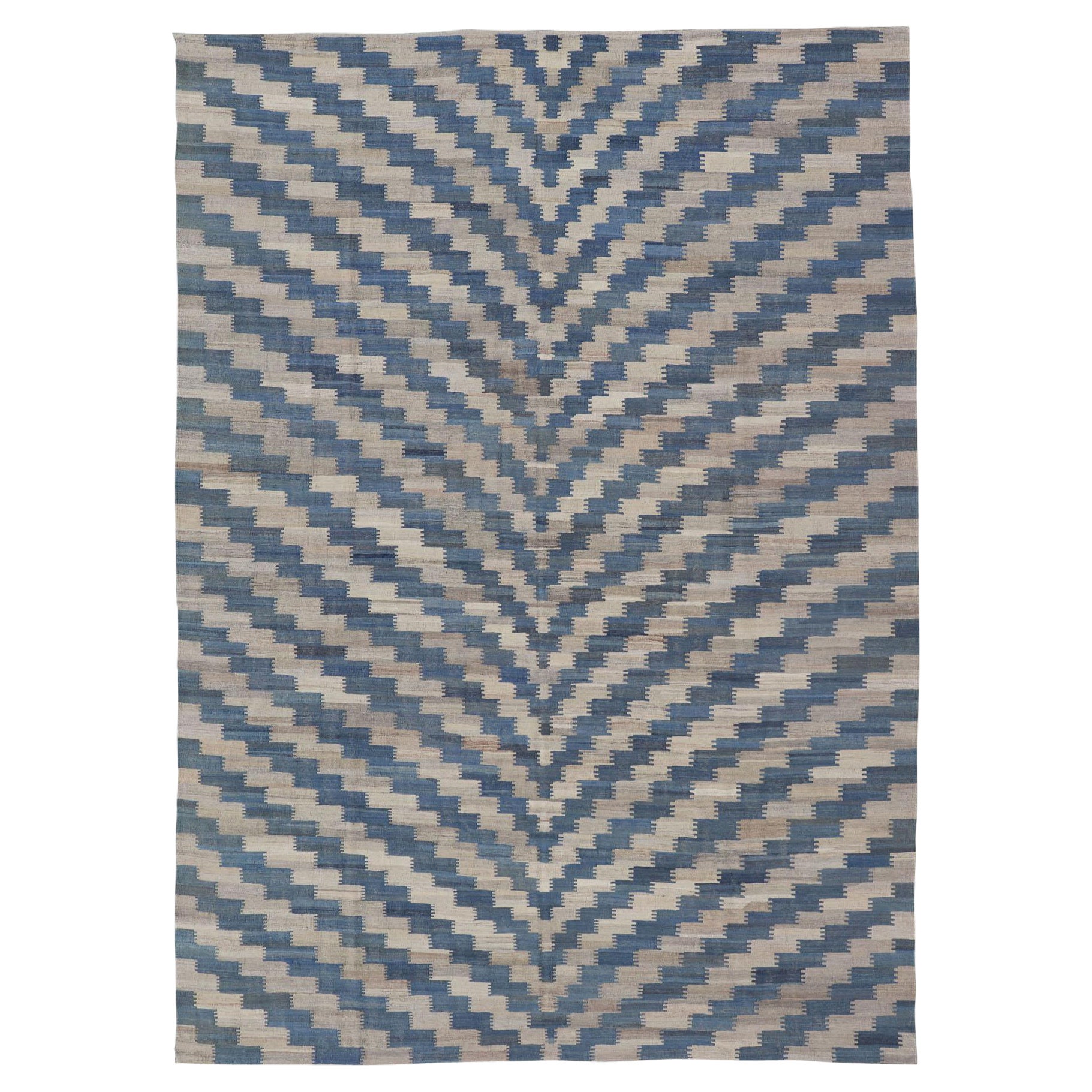 Flat-Weave Kilim Rug with a Modern Design in Blue, and Creams For Sale