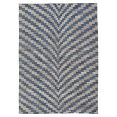 Flat-Weave Kilim Rug with a Modern Design in Blue, and Creams