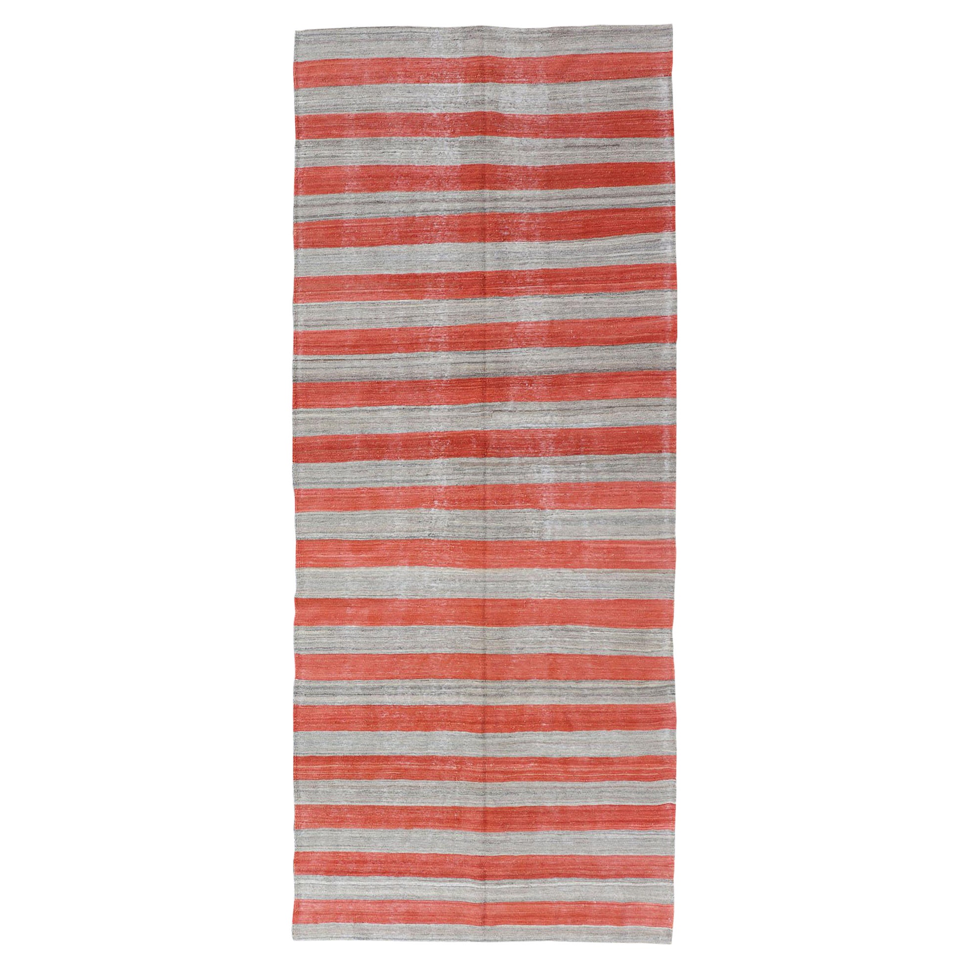 Flat-Weave Modern Kilim Wide Runner with Stripes in Shades of Orange Red & Gray