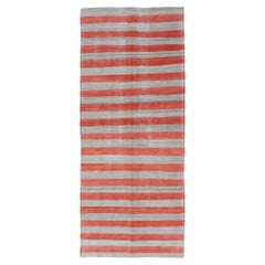 Flat-Weave Modern Kilim Wide Runner with Stripes in Shades of Orange Red & Gray