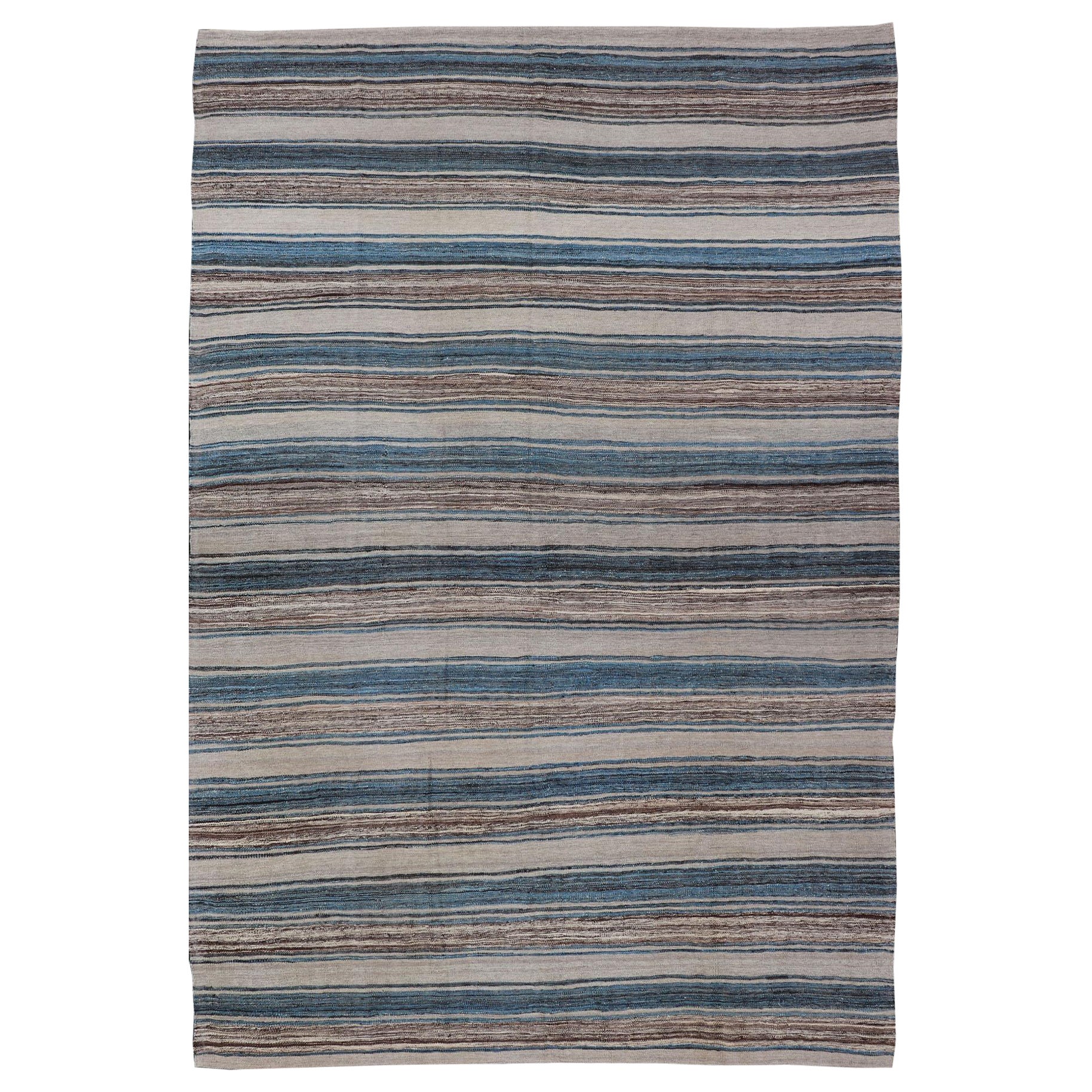 Versatile Striped Design and Natural Brown, Cream, and Blue Flat-Weave Kilim For Sale