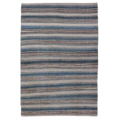 Versatile Striped Design and Natural Brown, Cream, and Blue Flat-Weave Kilim