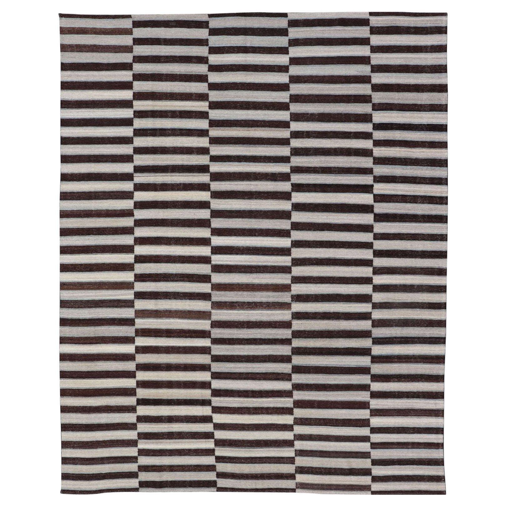 Modern Kilim Rug in Multi-Panel Striped Design with Chocolate Brown, cream  For Sale