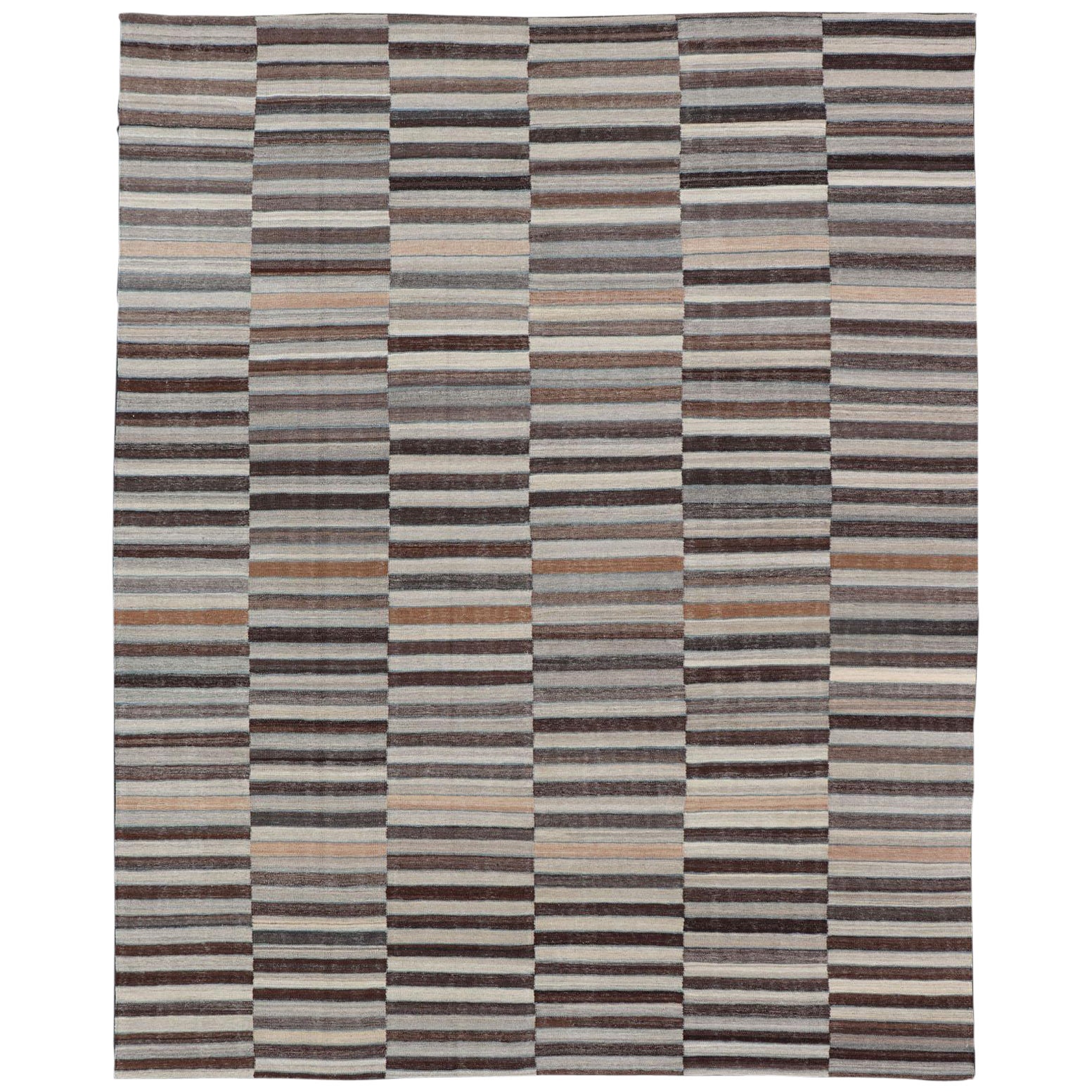 Modern Flat-Weave Kilim Rug in Multi-Panel Striped Design in Earthy Tones