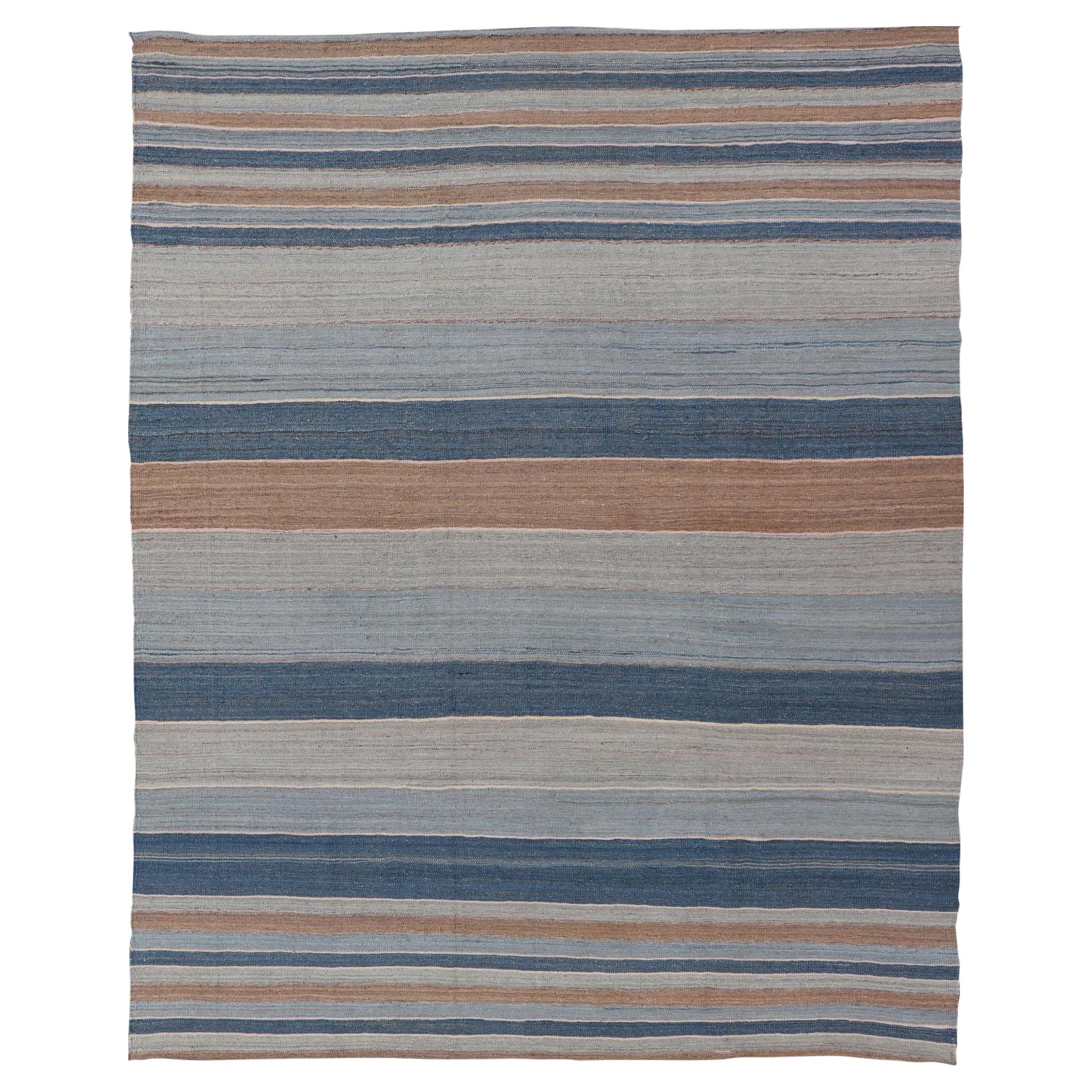 Modern Kilim Rug with Large Stripes in Shades of Blues, Brown, Gray For Sale