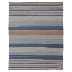 Modern Kilim Rug with Large Stripes in Shades of Blues, Brown, Gray
