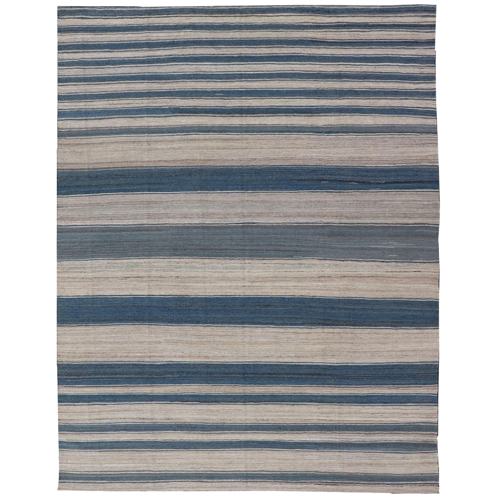 Flat-Weave Modern Kilim Rug with Stripes in Shades of Blue, and Cream For Sale