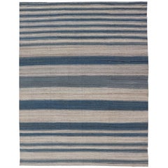 Flat-Weave Modern Kilim Rug with Stripes in Shades of Blue, and Cream