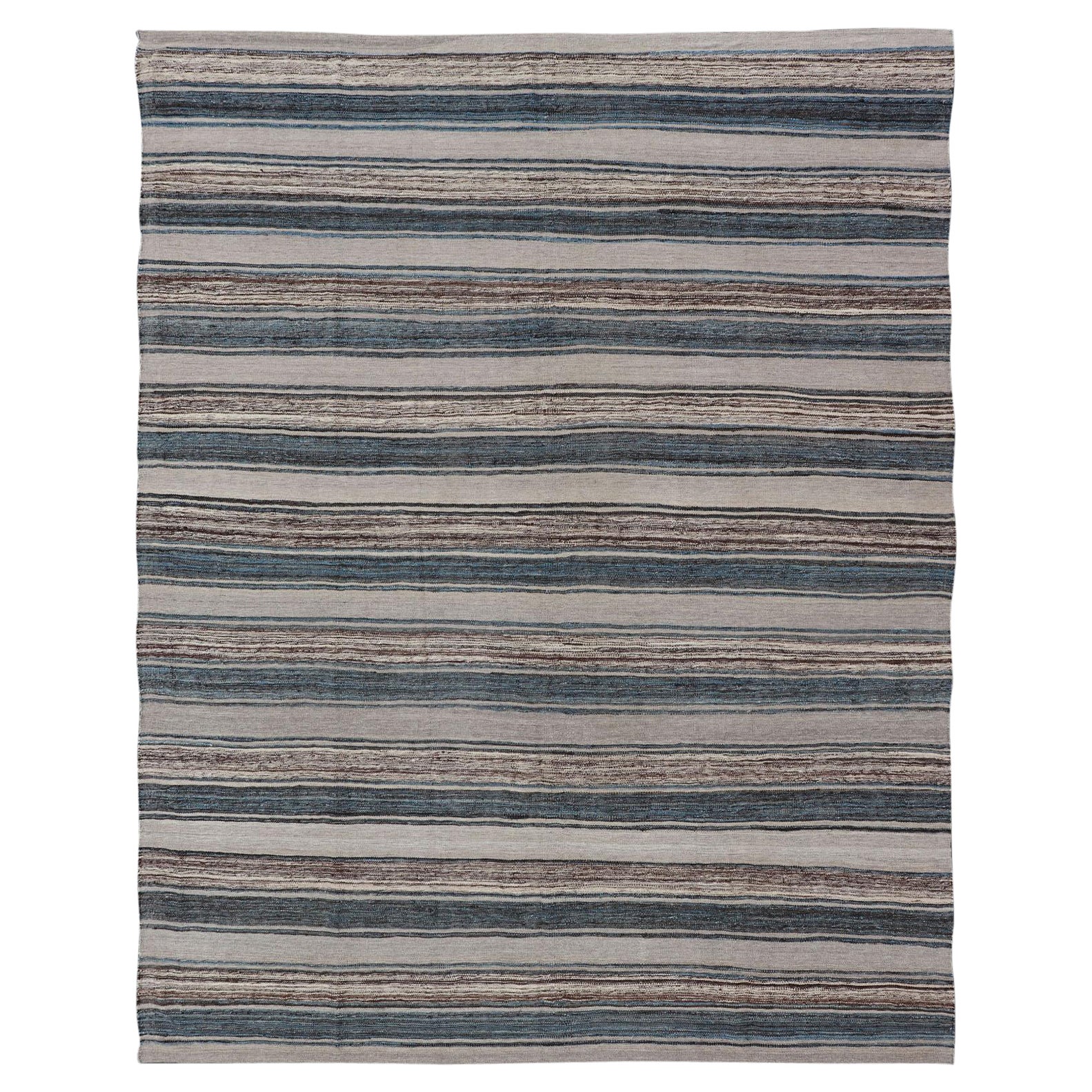 Versatile and Natural Brown, Cream, and Blue Striped Flat-Weave Kilim For Sale