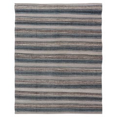 Versatile and Natural Brown, Cream, and Blue Striped Flat-Weave Kilim