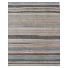 Modern Kilim Rug with Large Stripes in Shades of Blue, Taupe, Gray