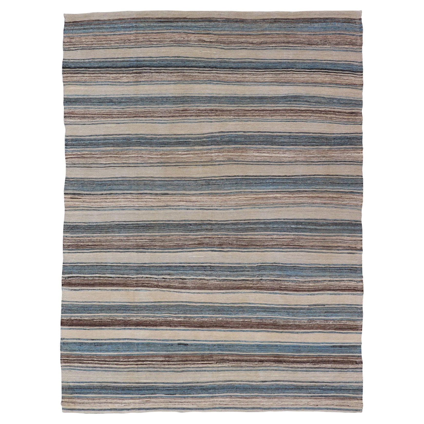 Versatile Striped Design and Natural Brown, Cream, and Blue Flat-Weave Kilim For Sale